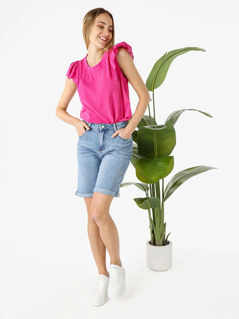 Blusa donna con maniche corte in pizzo macramè - fucsia