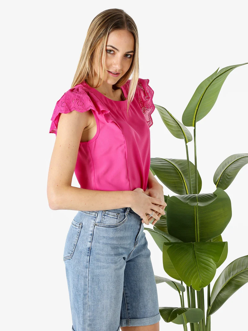 Blusa donna con maniche corte in pizzo macramè - fucsia