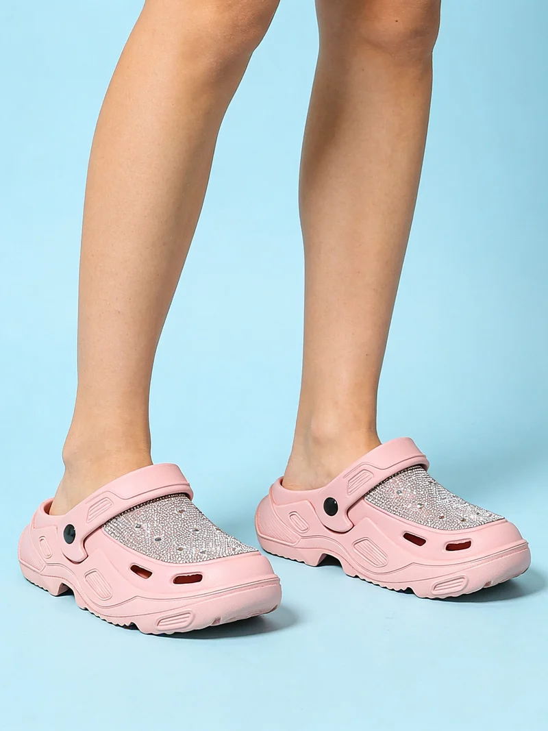 Ciabatte donna in gomma con strass - rosa