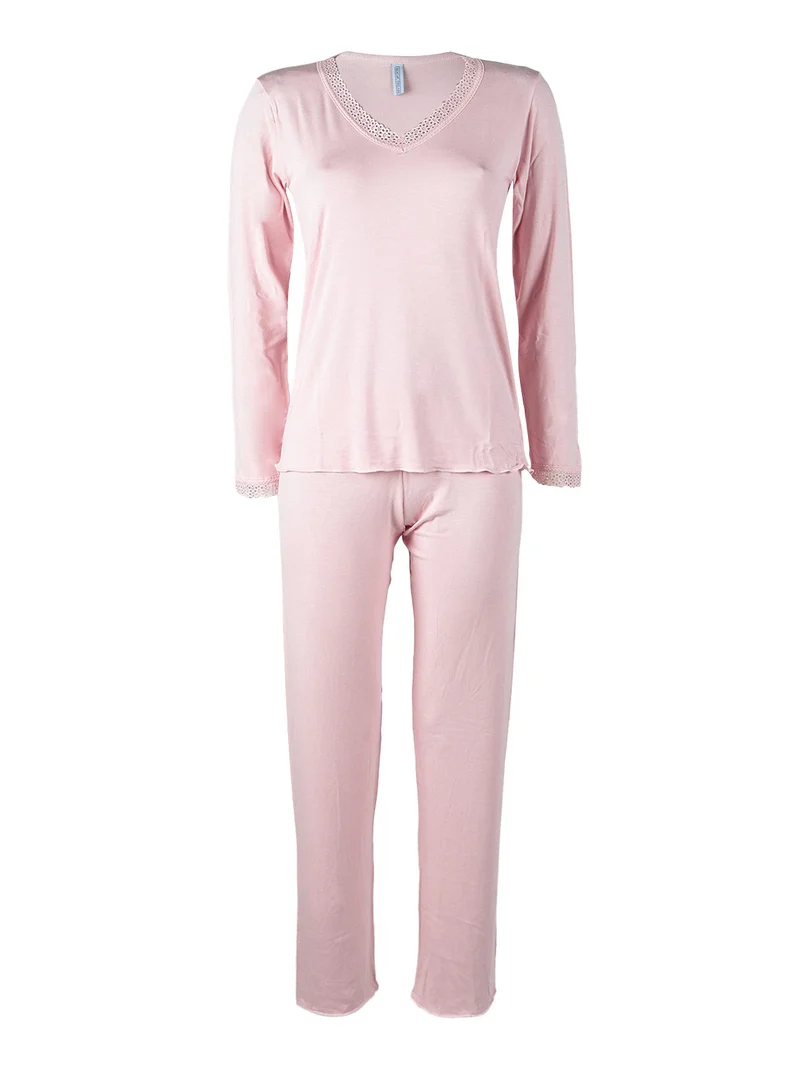 Pigiama lungo da donna con scollo a V e ricami - rosa