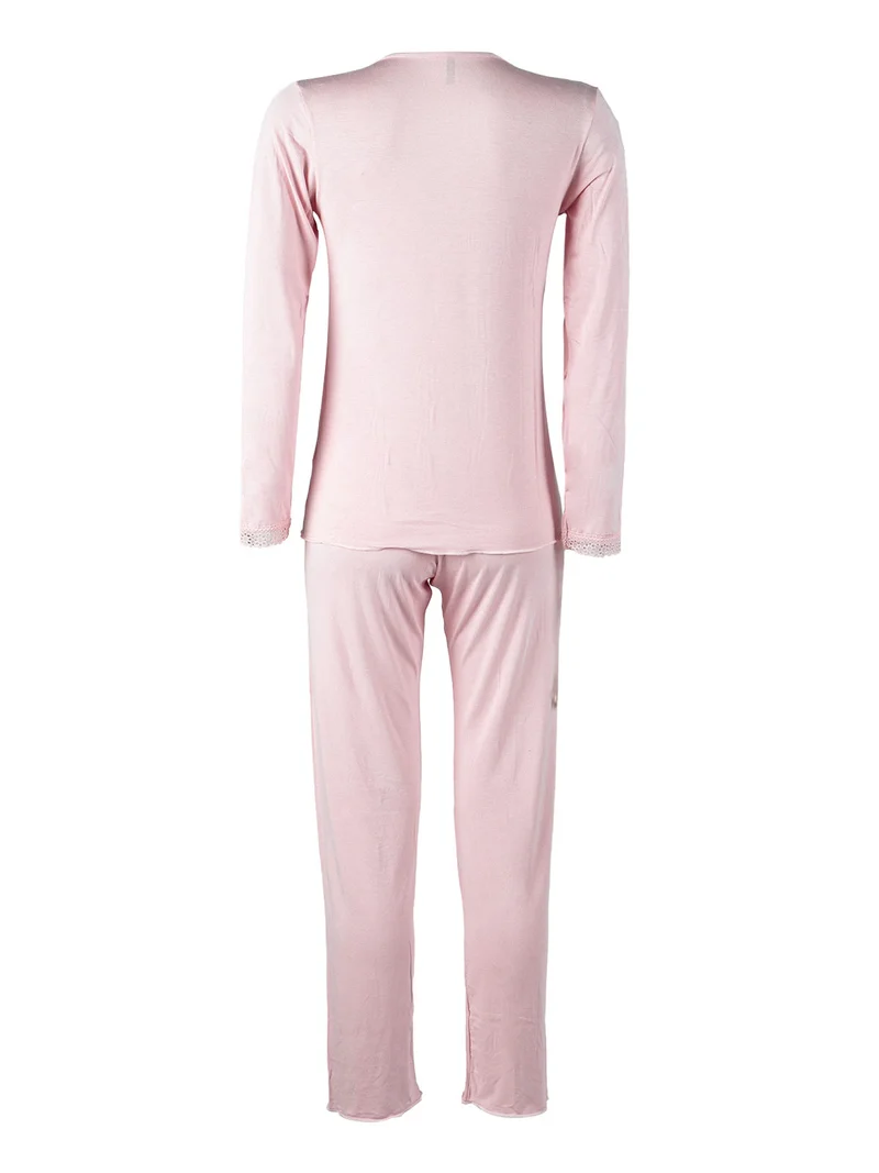 Pigiama lungo da donna con scollo a V e ricami - rosa
