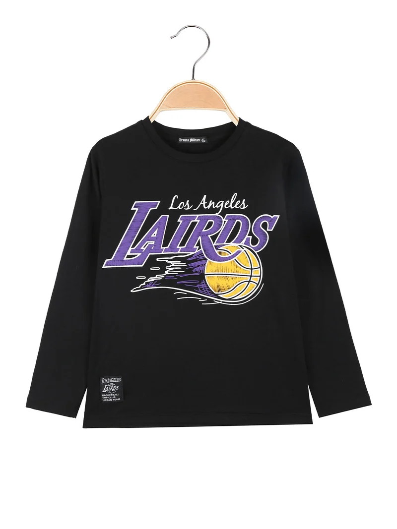 T-shirt da bambino a maniche lunghe con stampa - nero