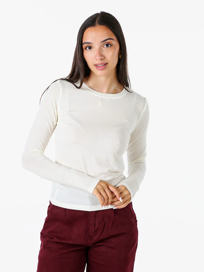 T-shirt girocollo da donna a maniche lunghe - panna