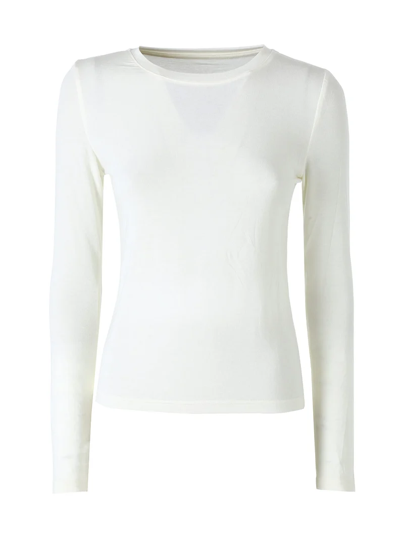 T-shirt girocollo da donna a maniche lunghe - panna