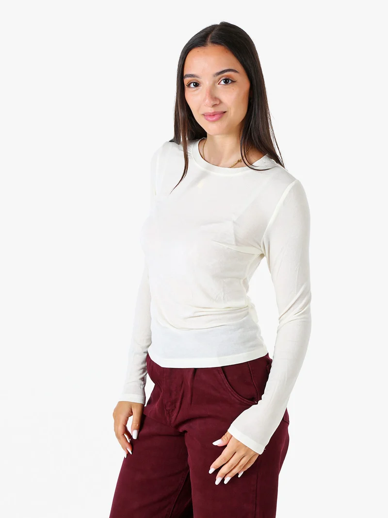 T-shirt girocollo da donna a maniche lunghe - panna