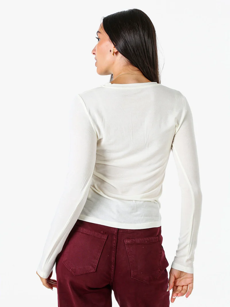 T-shirt girocollo da donna a maniche lunghe - panna