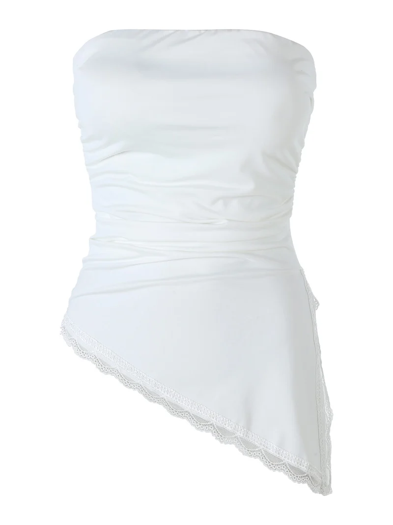Top donna asimmetrico con scollo a fascia e bordo finale in pizzo - bianco