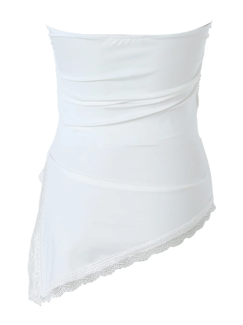 Top donna asimmetrico con scollo a fascia e bordo finale in pizzo - bianco
