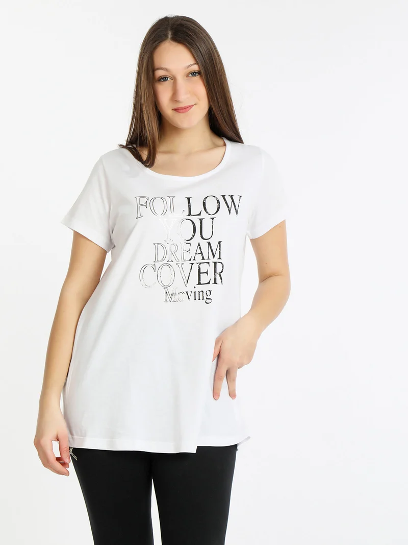 T-shirt manica corta donna in cotone con scritta - bianco