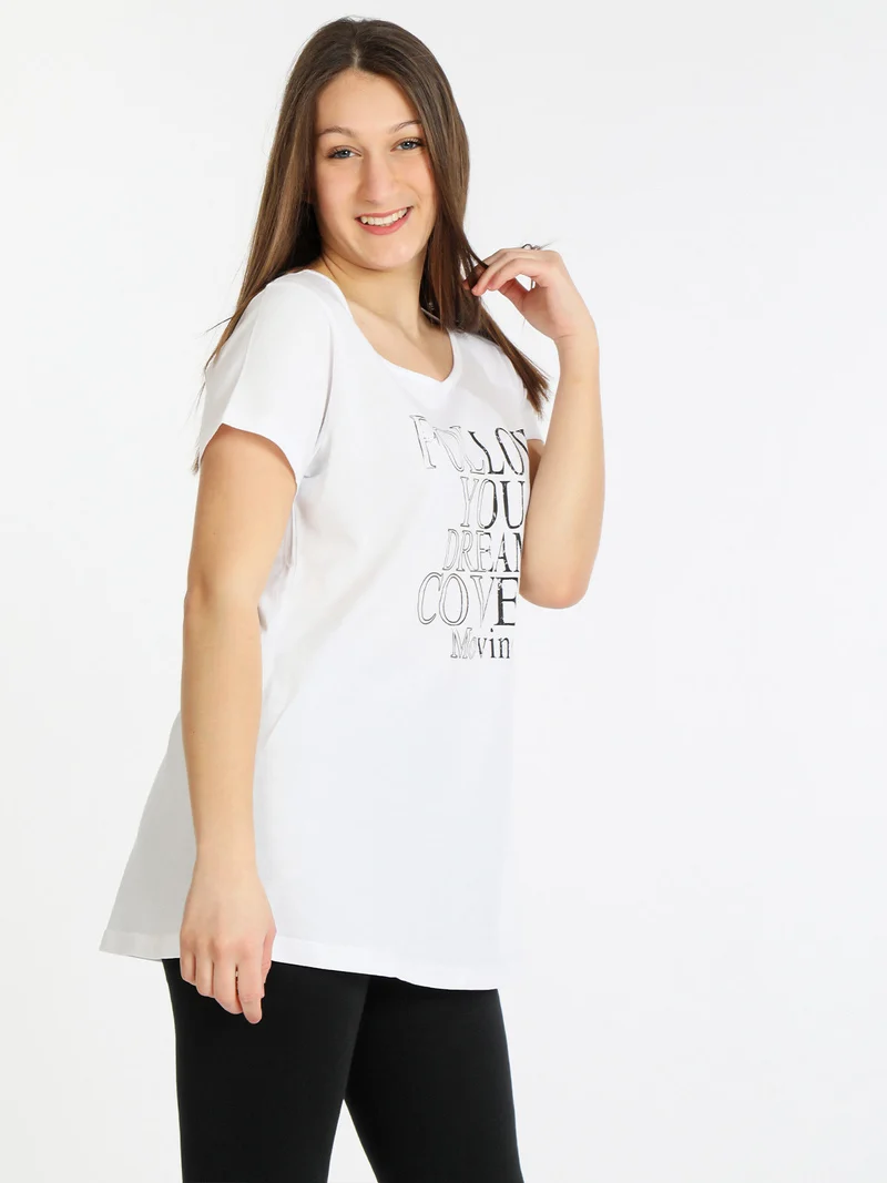 T-shirt manica corta donna in cotone con scritta - bianco