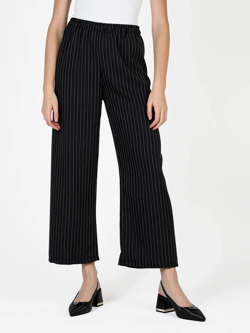 Pantaloni donna gessati a gamba larga - nero