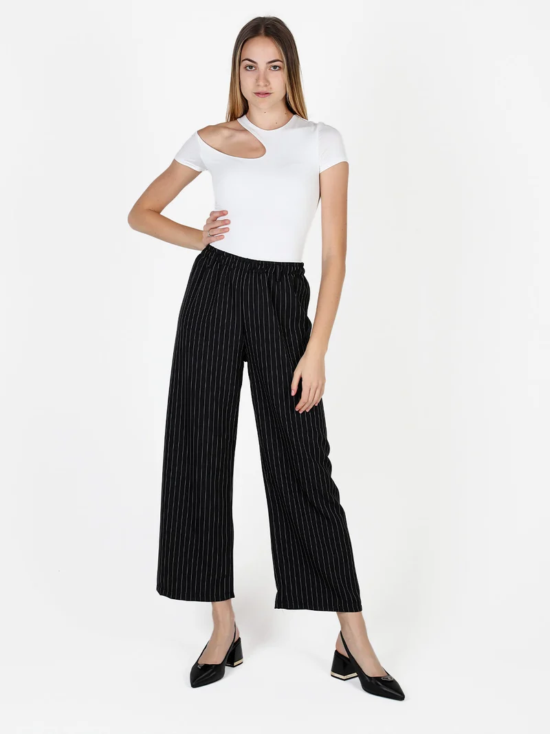 Pantaloni donna gessati a gamba larga - nero