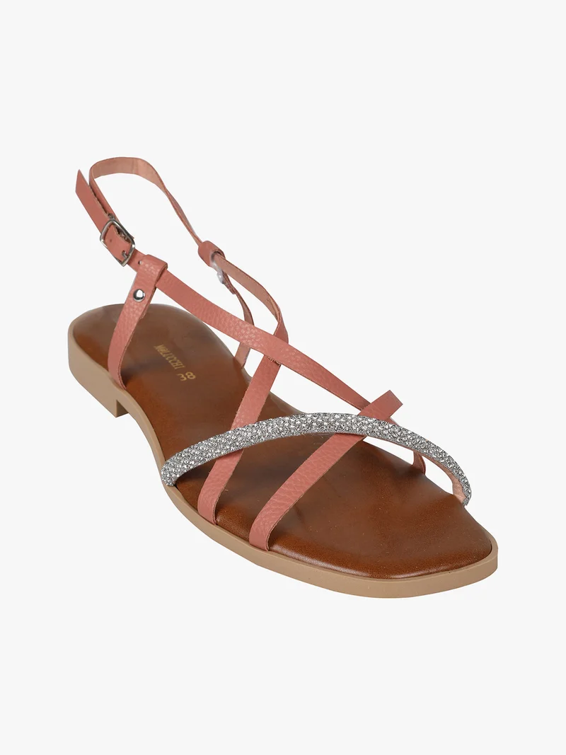 Sandali bassi in pelle da donna con strass - rosa