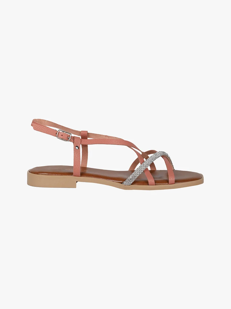 Sandali bassi in pelle da donna con strass - rosa