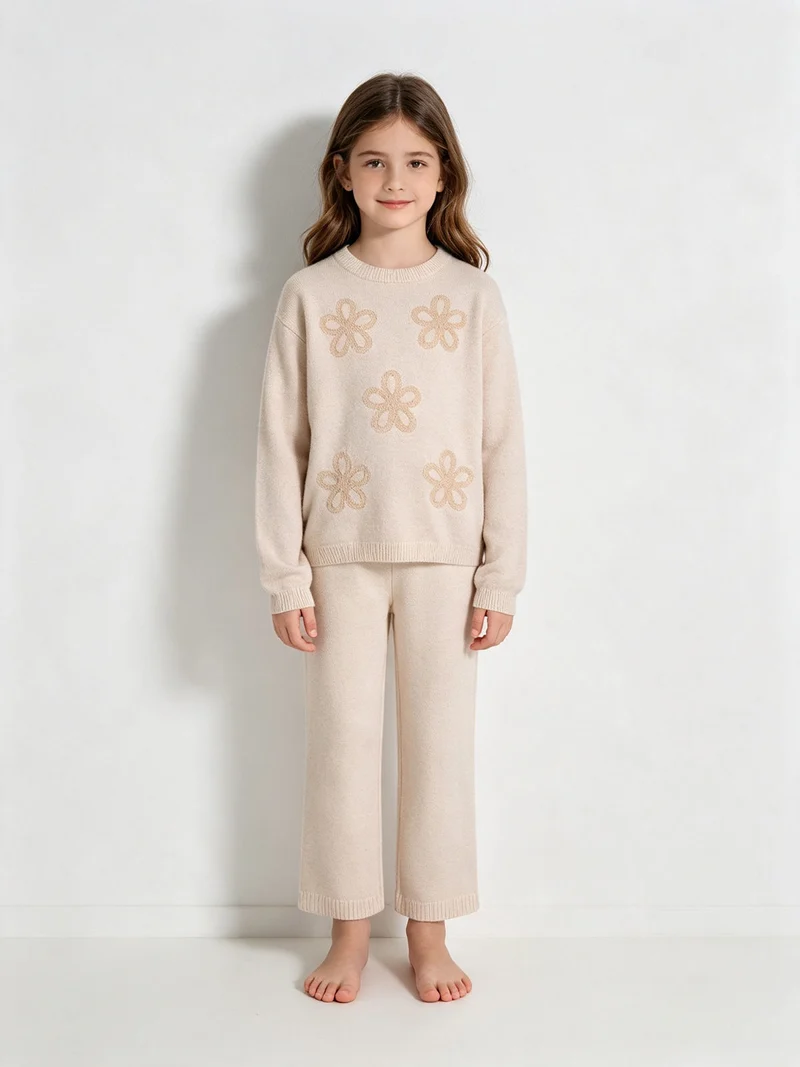 Completo 2 pezzi da bambina in maglia con ricami - beige