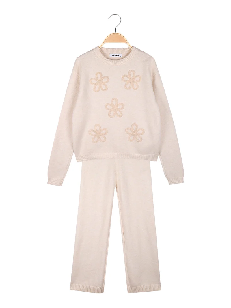Completo 2 pezzi da bambina in maglia con ricami - beige