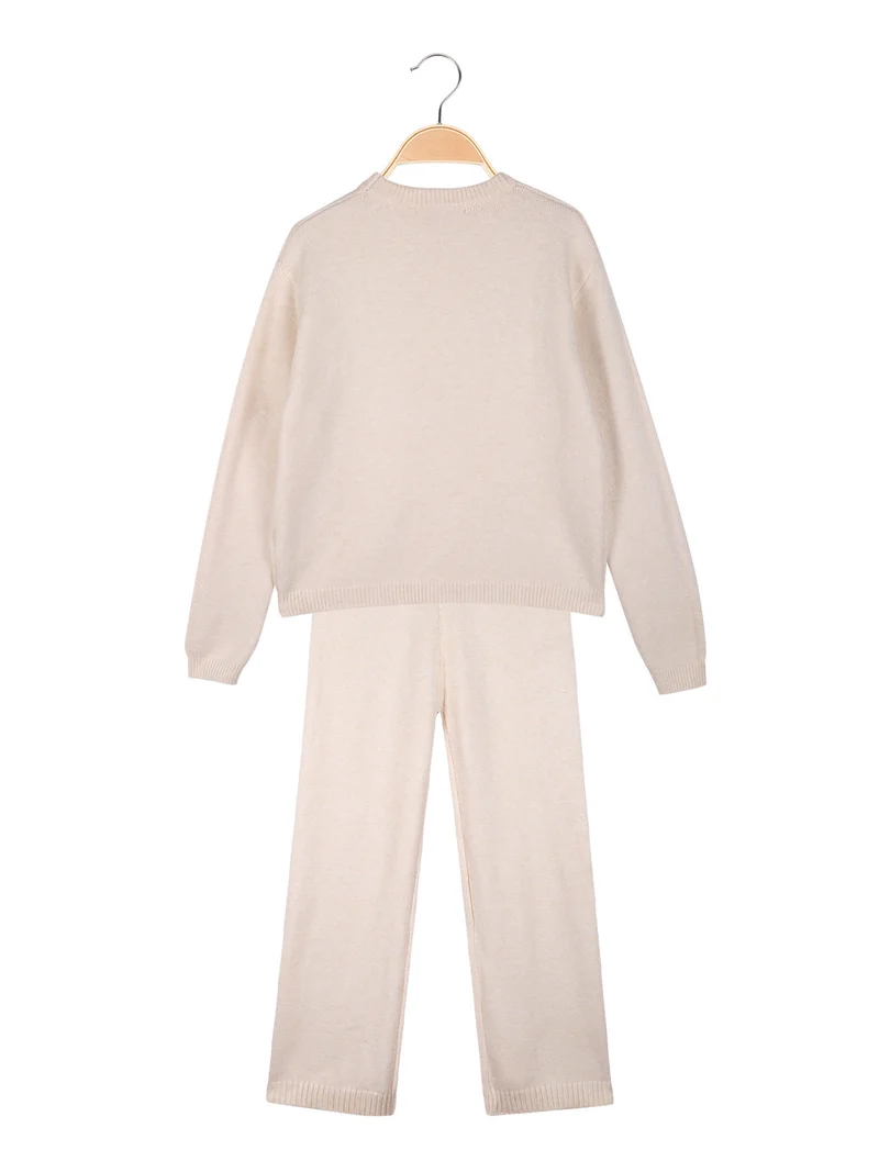 Completo 2 pezzi da bambina in maglia con ricami - beige