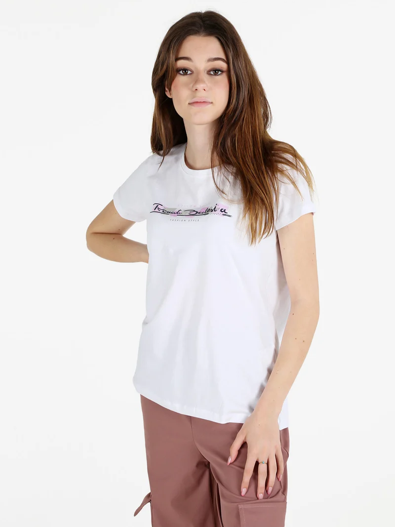 T-shirt donna in cotone bielastico con scritta e strass - bianco