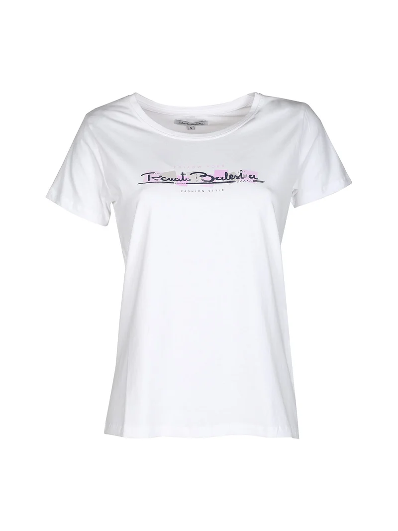 T-shirt donna in cotone bielastico con scritta e strass - bianco