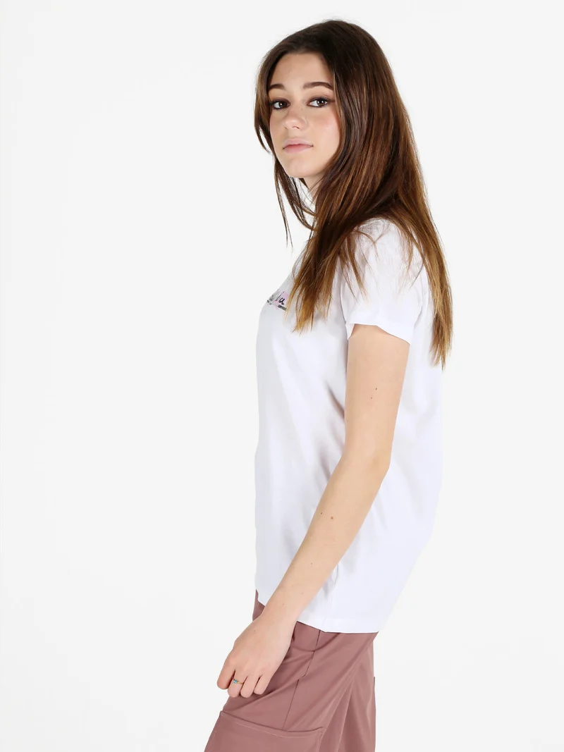 T-shirt donna in cotone bielastico con scritta e strass - bianco