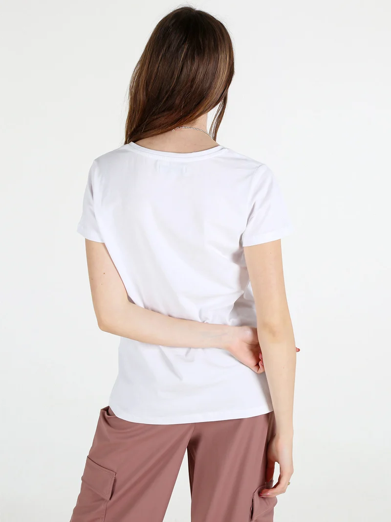 T-shirt donna in cotone bielastico con scritta e strass - bianco