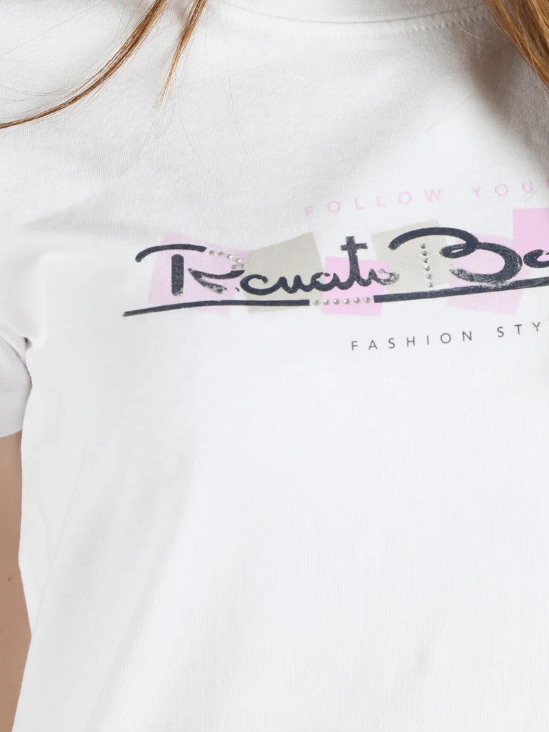 T-shirt donna in cotone bielastico con scritta e strass - bianco