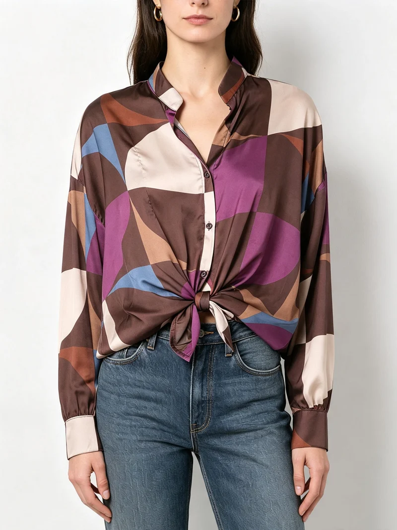 Camicia donna a maniche lunghe annodata sul fondo - marrone