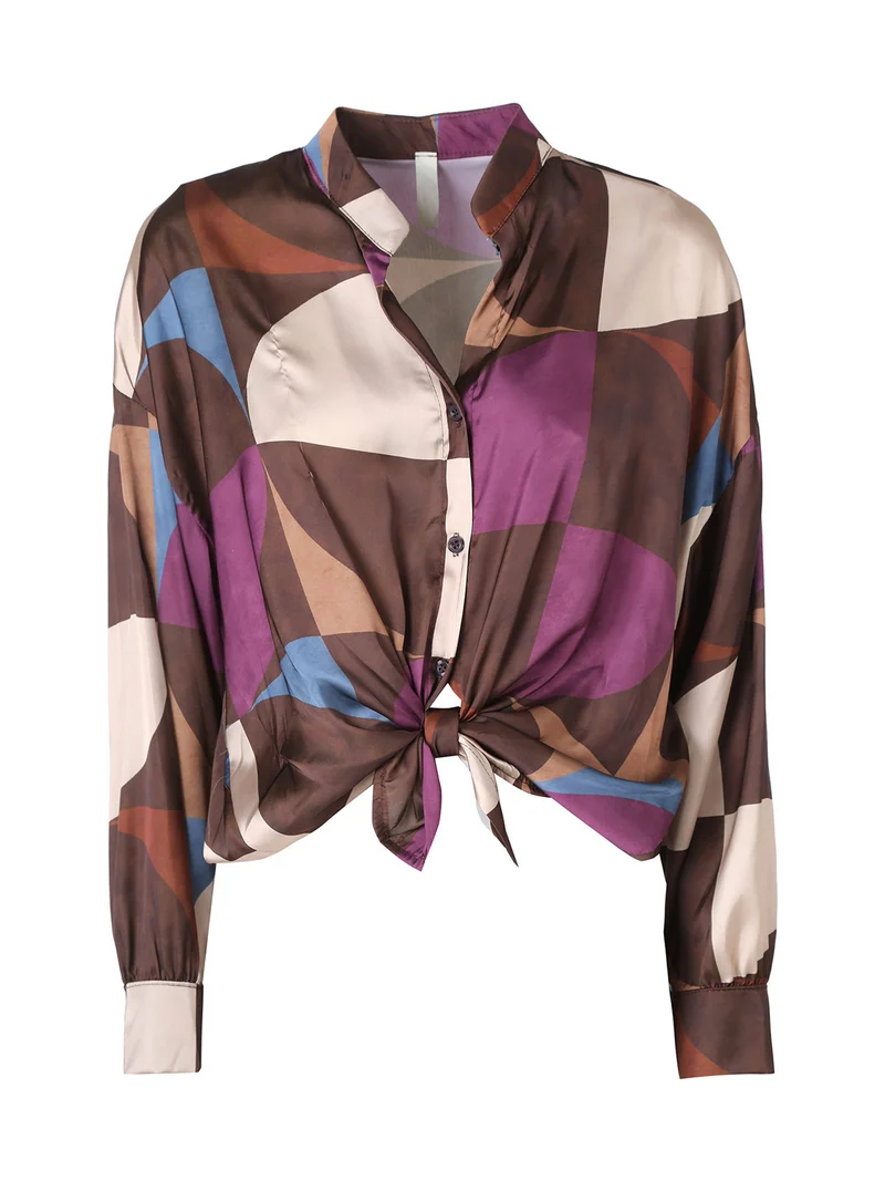 Camicia donna a maniche lunghe annodata sul fondo - marrone