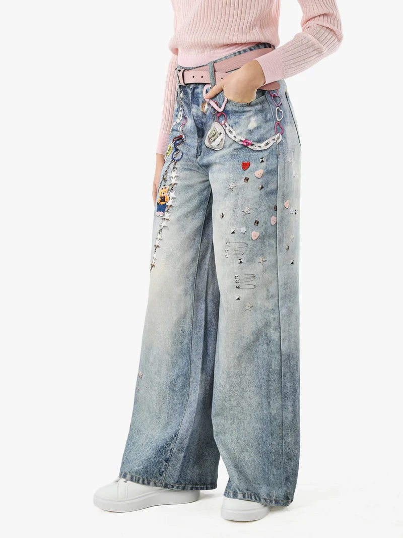 Jeans donna a gamba larga con stampe - jeans