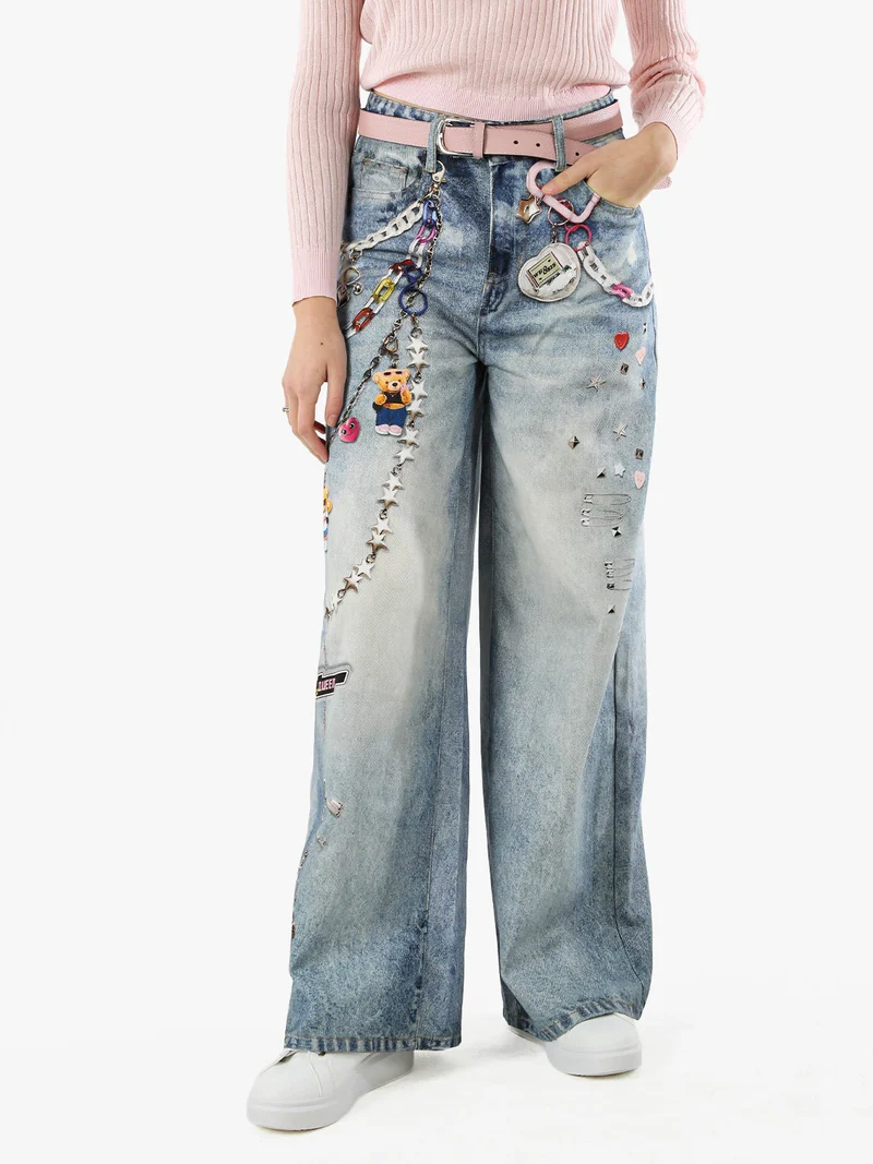Jeans donna a gamba larga con stampe - jeans