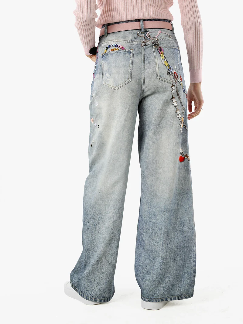 Jeans donna a gamba larga con stampe - jeans