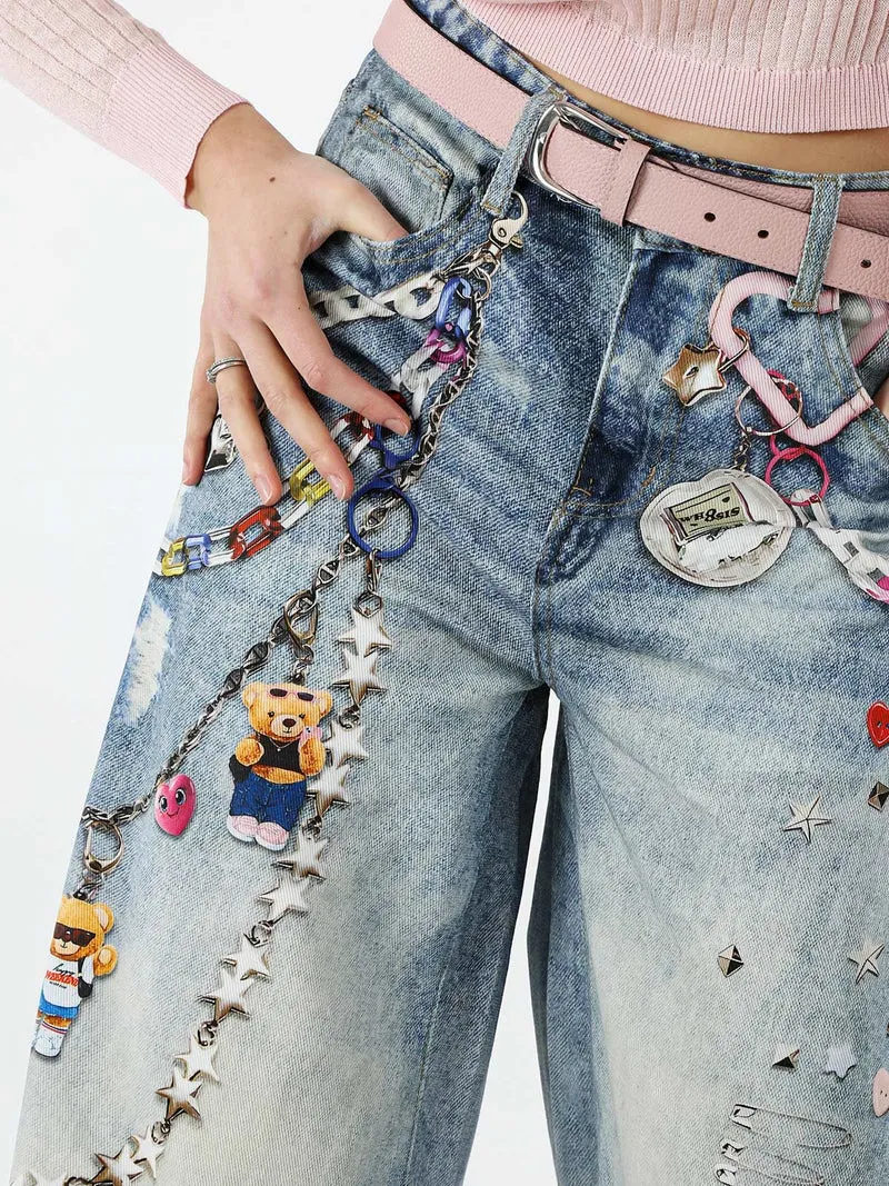 Jeans donna a gamba larga con stampe - jeans