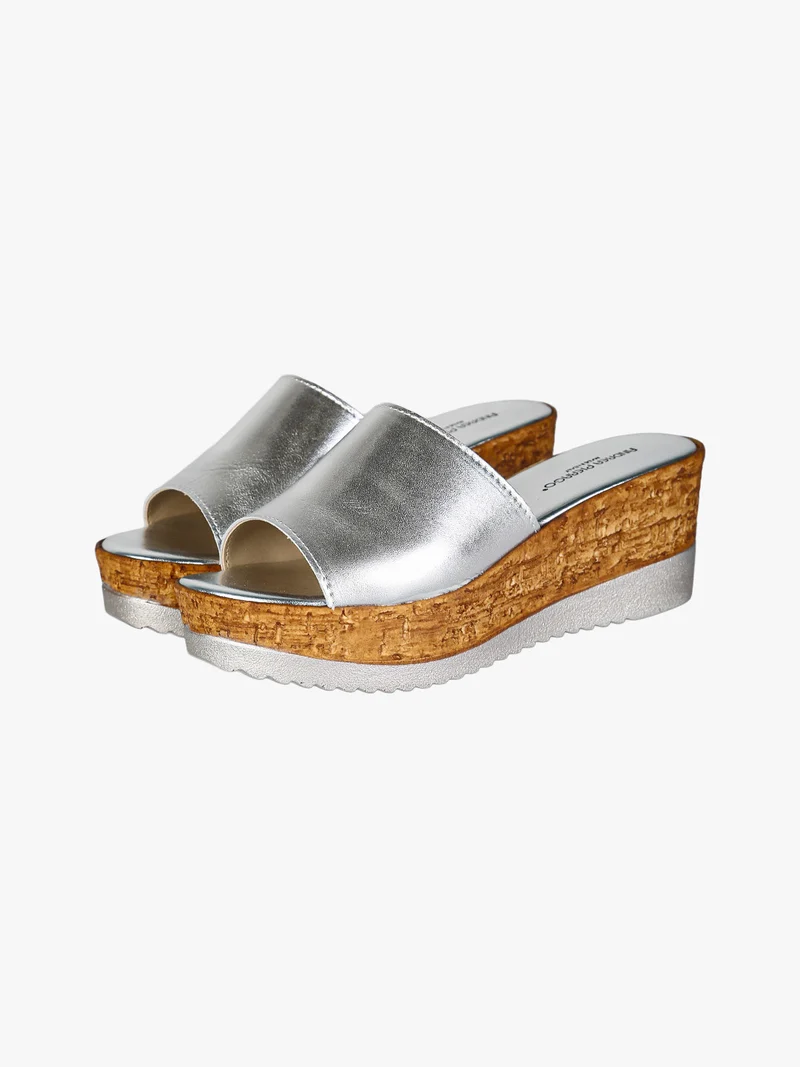 Ciabatte donna in pelle con zeppa e plateau - argento