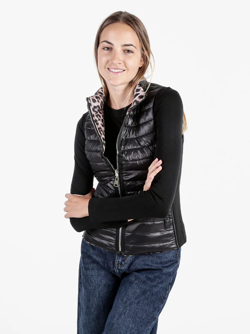 Gilet donna animalier imbottito reversibile - nero