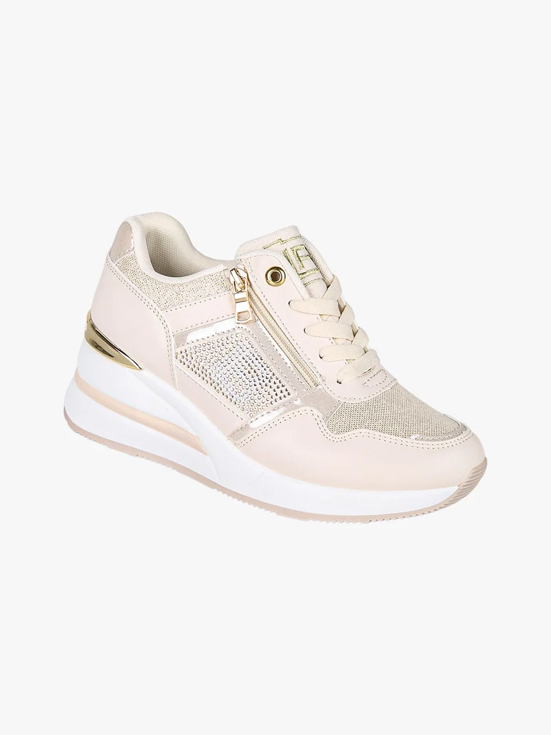 Sneakers donna con zeppa e strass - beige
