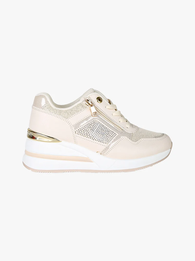 Sneakers donna con zeppa e strass - beige
