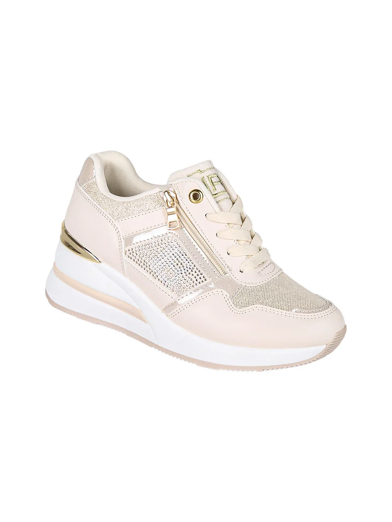 Sneakers donna con zeppa e strass - beige
