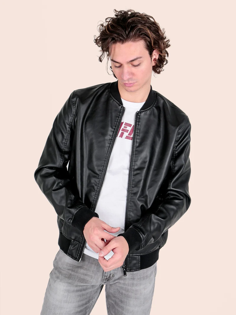 Giacca da uomo in ecopelle con zip - nero