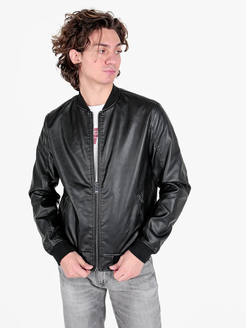 Giacca da uomo in ecopelle con zip - nero