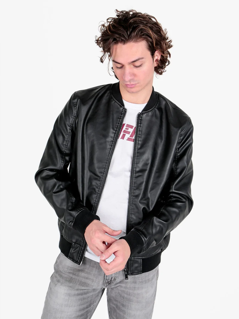 Giacca da uomo in ecopelle con zip - nero