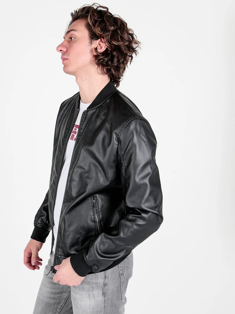 Giacca da uomo in ecopelle con zip - nero