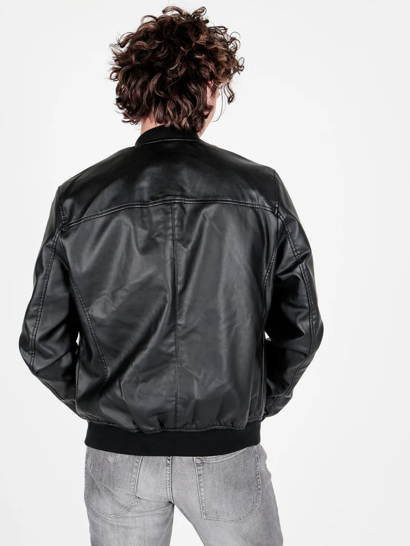Giacca da uomo in ecopelle con zip - nero