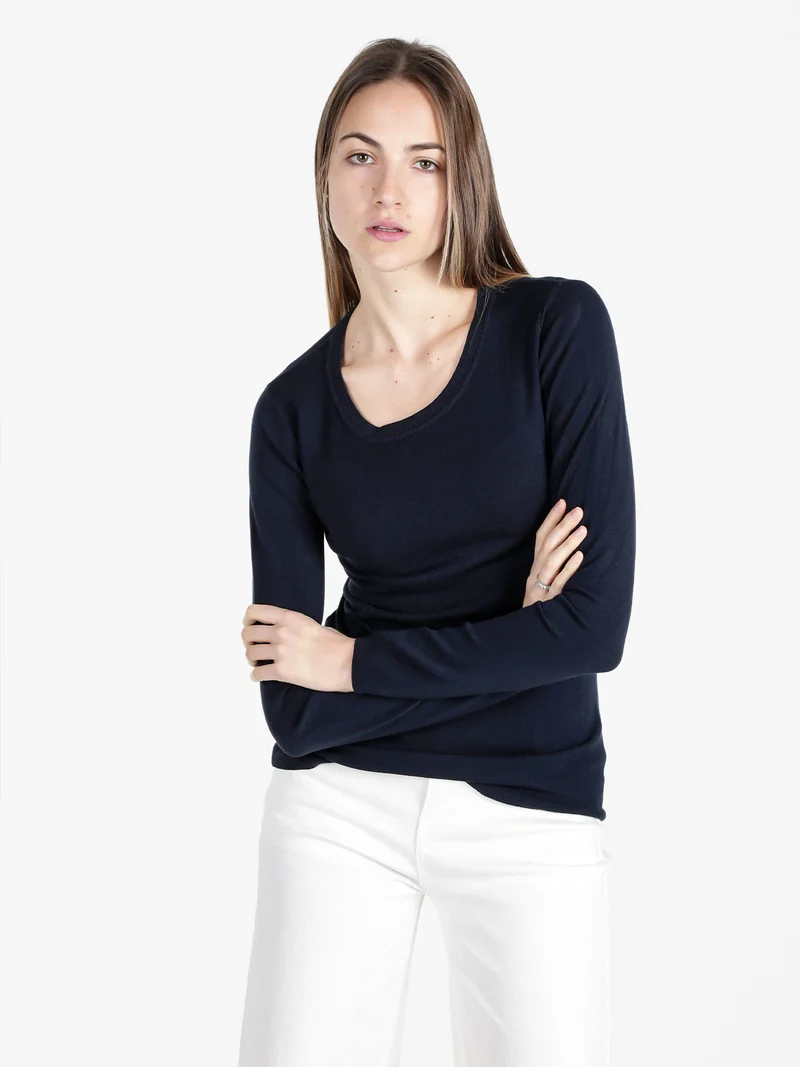 Pullover girocollo da donna in maglia - blu scuro