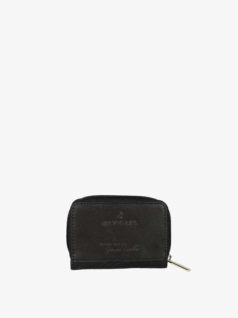 Portatessere da donna in pelle con zip - nero