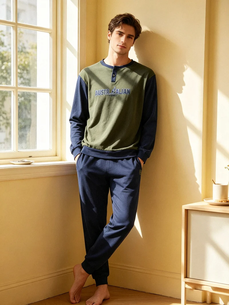 Pigiama lungo da uomo in misto cotone interlock - militare