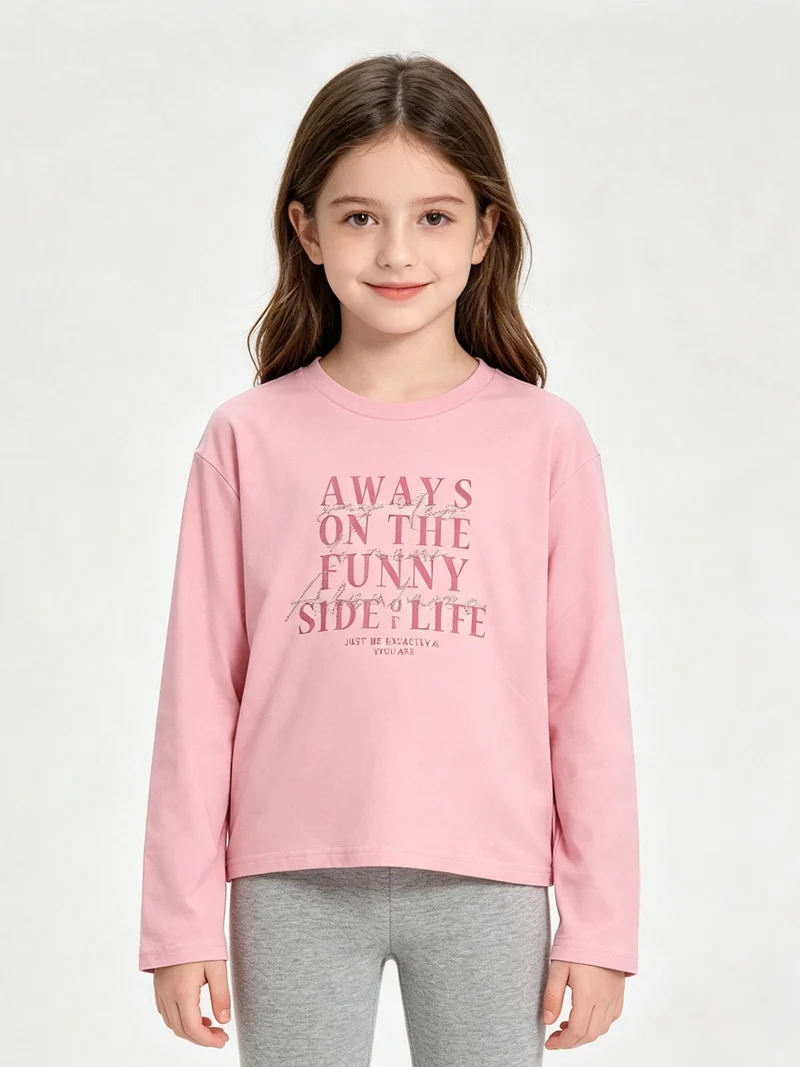T-shirt da bambina in cotone a maniche lunghe con stampa - rosa