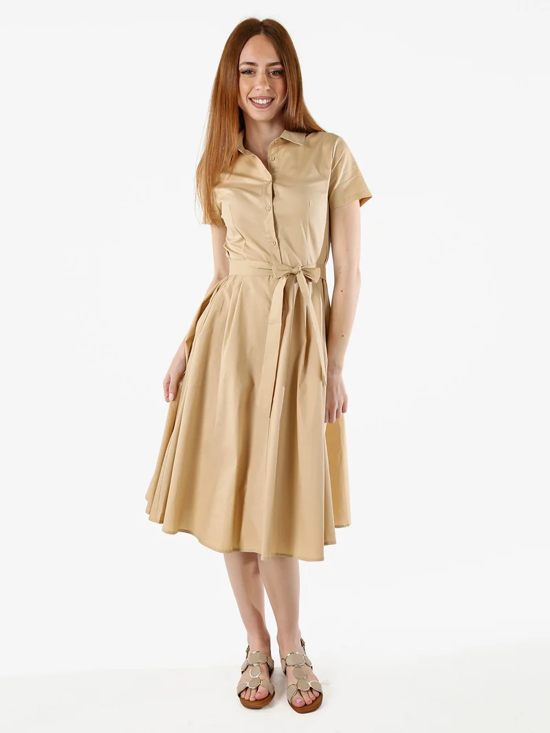 Abito donna in cotone a maniche corte con bottoni sullo scollo - khaki