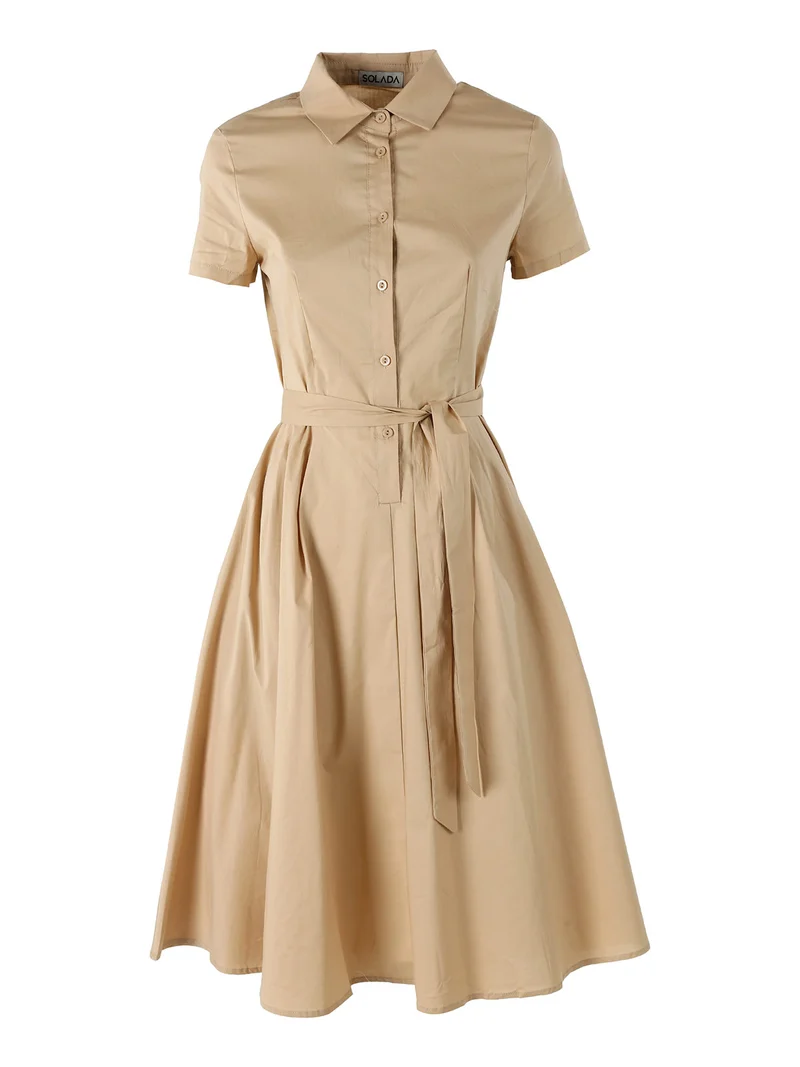 Abito donna in cotone a maniche corte con bottoni sullo scollo - khaki