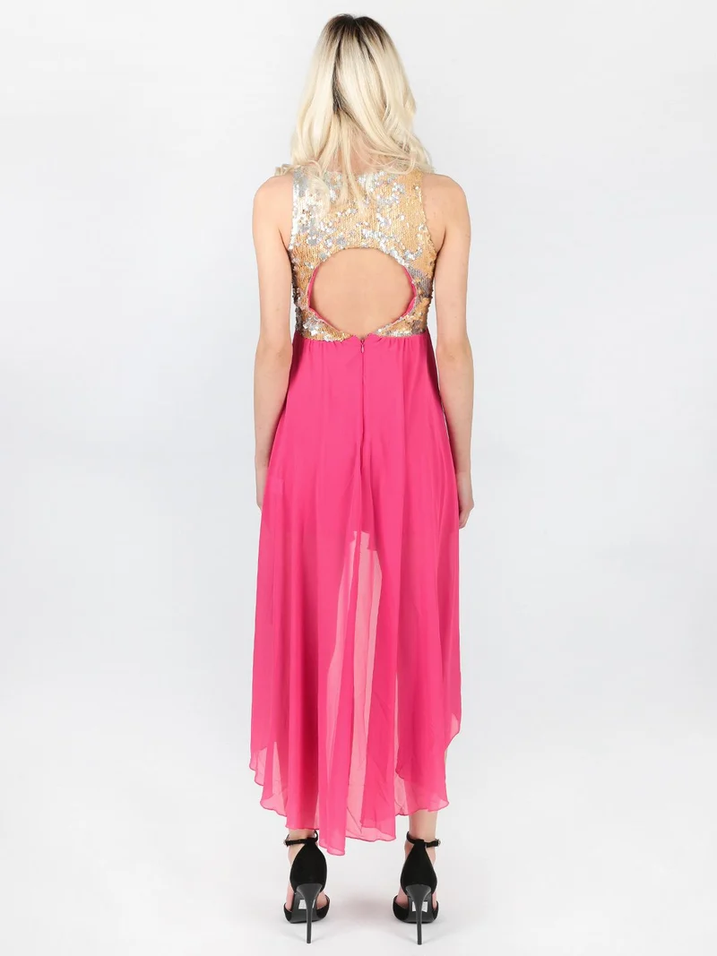 Vestito lungo sul retro con paillettes - fucsia