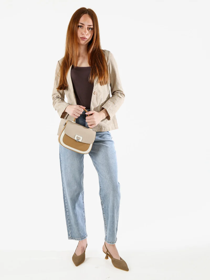 Blazer donna in misto lino e cotone con stampa a righe - beige